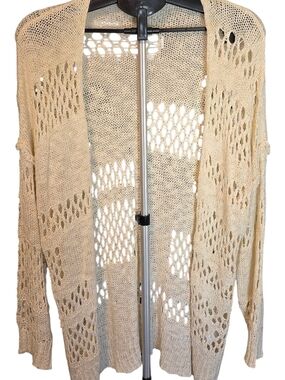 Beige Open-Knit Lightweight Cardigan Sweater Long Sleeve L Women